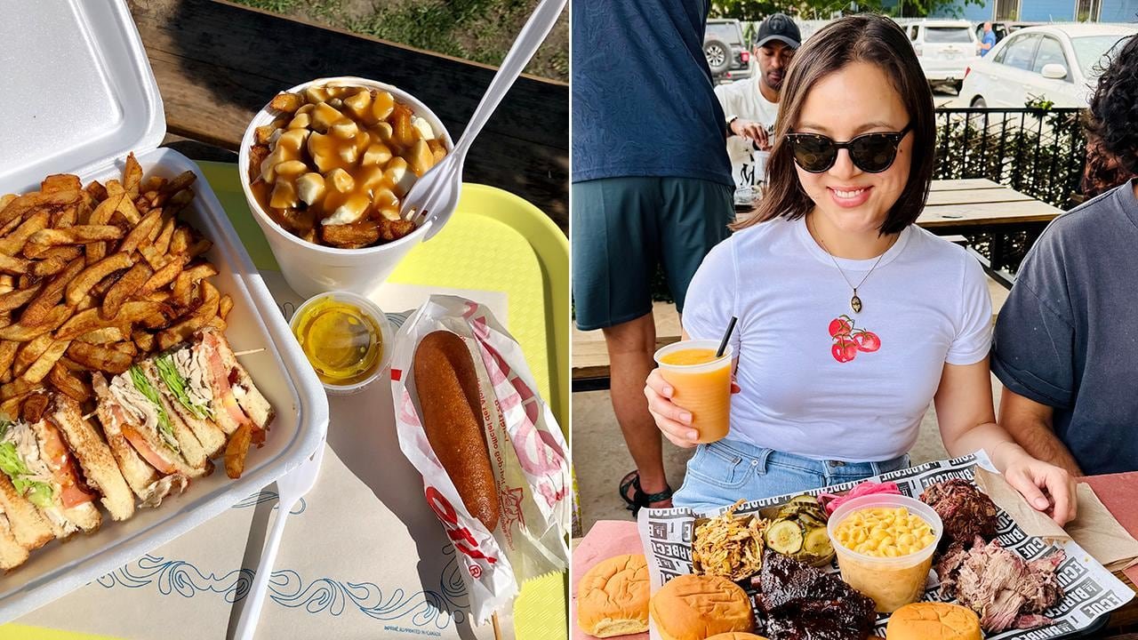 default-735 Left, close-up view of a tray of various foods on an outdoor table: club sandwich, fries, corn dog, and poutine. Right: a woman smiling at a picnic table with a tray of BBQ food in front of her.